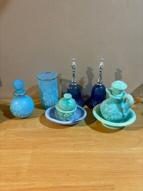 Vintage Avon Blue Glass Vanity Tray & Accessory Set powder sachet, perfume bottl